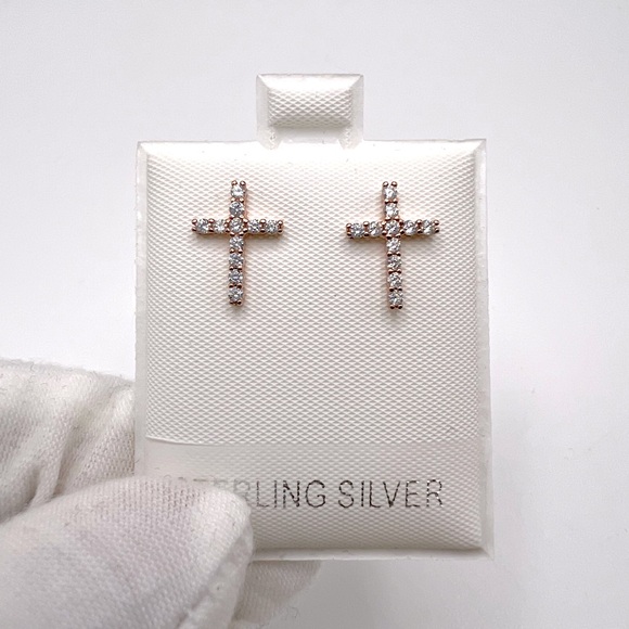 Rose GP/Sterling Silver Cz Cross Post Earrings - Picture 15 of 16